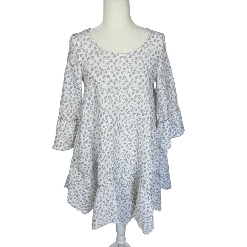 Yuvita Linen Tunic Dress Raw Hem Leaf Print Neutral Sz Small Boho Lagenlook